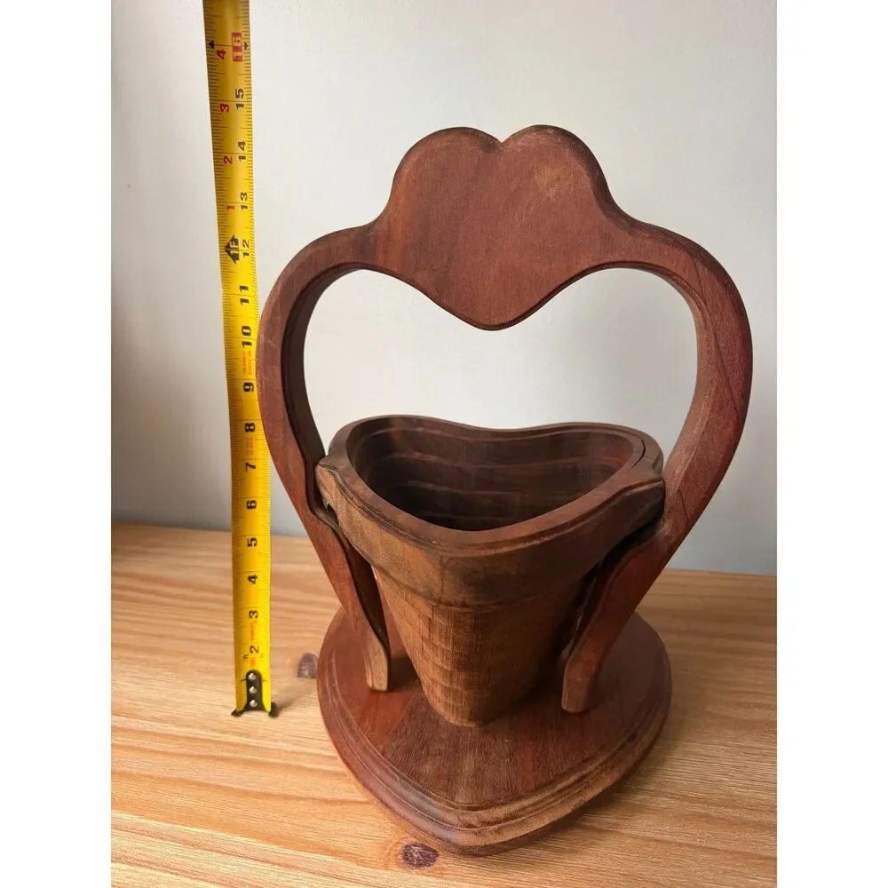 Vintage Artisan Carved Wood Folding Collapsible Heart Shaped Bowl Basket